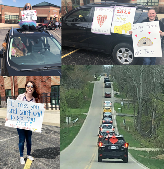 Collage of people with signs and cars driving down road